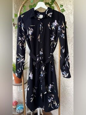 a new day Black Floral Long Sleeve Shirt Dress with Tie Waist